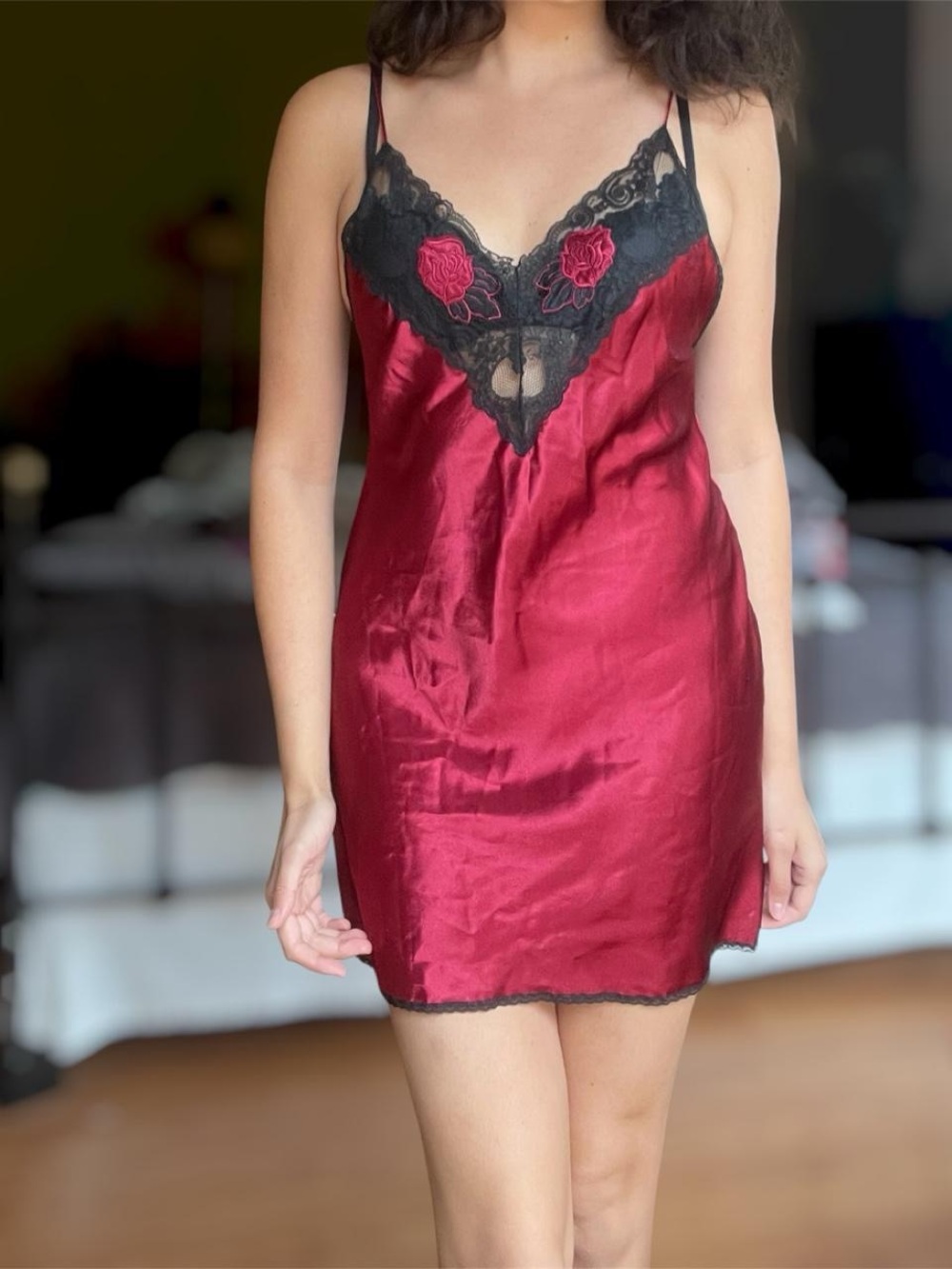 Silky Burgundy Satin Chemise with Black Lace Trim